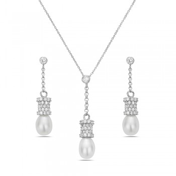 Sterling Silver Set Earring+Pendant 17mm Chain+8mm Fresh Water Pearl+Cylinder with Clear