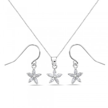 Sterling Silver Set Earring+Pendant 8.5mm 5 Petals Flower Dangling with