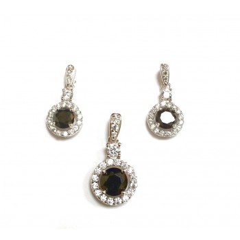 Sterling Silver Set Of Round Black Cubic Zirconia Center Small Clear Cubic Zirconia Ar