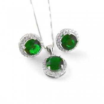 SET EARRING AND PENDANT ROUND EMERALD GREEN GLASS