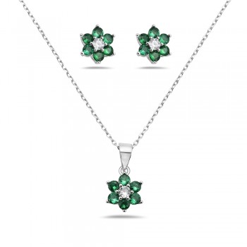 Sterling Silver SET OF FLOWER SIX PETALS CZ CENTER EMERALD ON T