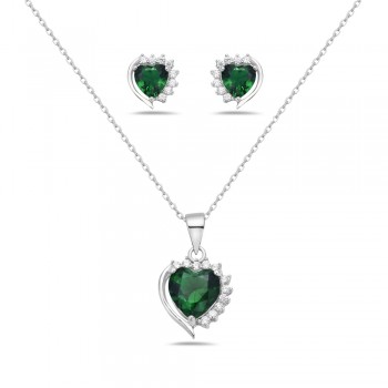 Sterling Silver SET EARRING AND PENDANT HEART EMERALD GLASS CLE