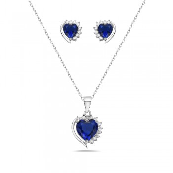 Sterling Silver SET EARRING AND PENDANT HEART SAPPHIRE GLASS CL