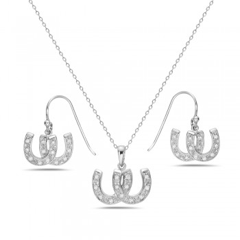 Sterling Silver Set Horseshoe Earring and Pendant Clear Cubic Zirconia