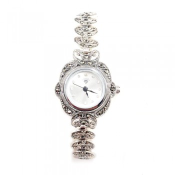 Marcasite Watch Rd Wht. Face Linking Open Bean Strap