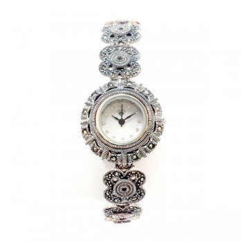 Marcasite Watch 4Leaf Clover Strap Rd Face