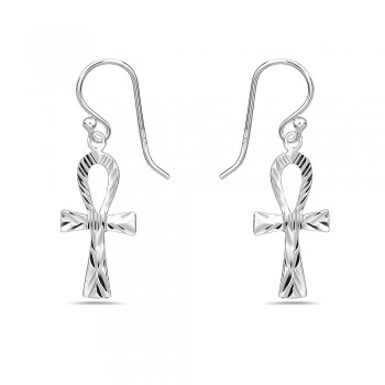 Sterling Silver Earring Plain Ankh with Diamond Cut