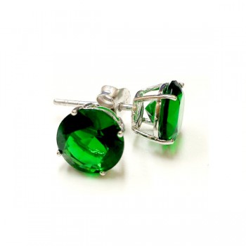 Sterling Silver Earring Emerald Glass 8mm Round