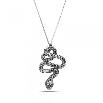 Sterling Silver Necklace Curly Snake Black Cubic Zirconia Eyes with Oxidize