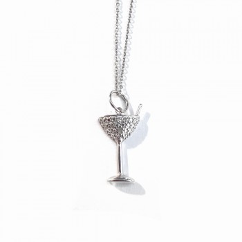 Sterling Silver NECKLACE MARTINI GLASS CHARM PAVE CZ DIAMOND ACCENT