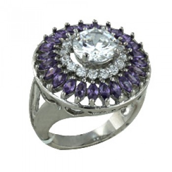 Brass Ring 23mm Round with Clear Cubic Zirconia Ctr+Amethyst Marquis - 8