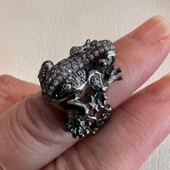 Brass Ring Frog Clear Cubic Zirconia Black Plated