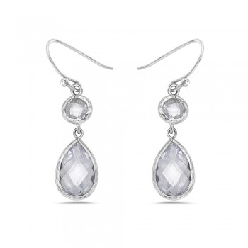 Sterling Silver Earring 7mm Clear Cubic Zirconia with Hammer Bezel with 14.5mm/11mm