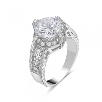 Brass Ring Engagement Ring with 9mm Clear Cubic Zirconia 4 Prong with C