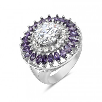 Brass Ring 23mm Round with Clear Cubic Zirconia Ctr+Amethyst Marquis